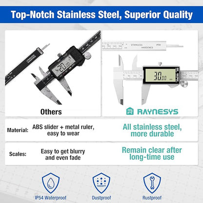 Raynesys Digital Caliper 6 Inch with Large LCD Screen, Inch/MM/Fraction Conversion, 150mm Micrometer Caliper All Stainless Steel Diameter Measuring Tool for Jewelers/Woodworkers/DIY