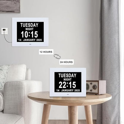 Digital Dementia Alarm Clock 8 inch Large Display, Electronic Calendar Clock with Day and Date for Elderly,3 Time Period Oversized Character Drug Reminders Clock for Dementia Elderly Patients