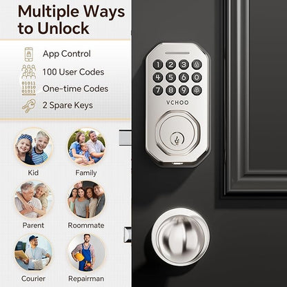 VCHOO Keyless Entry Door Lock Set Smart Locks for Front Keypad Door Lock with Handle Automatic Lock One Time Password Anti Peeping Password IP54, Satin Nickel