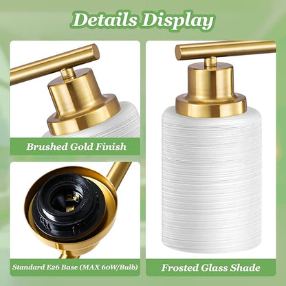 Guliaofo 2-Light Vanity Lights, Brushed Gold Bathroom Light Fixture with Striped Textured Milky White Glass Shade, Modern Vanity Lighting Fixture for Bathroom Wall Light Over Mirror, E26 Wall Sconce