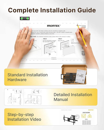monTEK Full Motion TV Wall Mount for 43"–95" TVs, Pre-Assembled & up to150lbs, Heavy Duty TV Mount Bracket with Tool-Free Tilt/Swivel/Extension, Max VESA 800x400, Fits 16"/18" Studs, HW1242BK