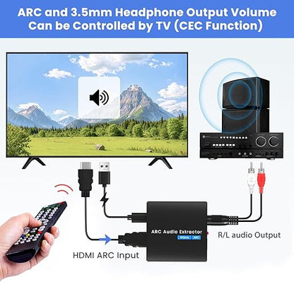 HDMI ARC to Optical Converter, 192KHz ARC to Optical Analog 3.5mm Audio Extractor Adapter HDMI ARC to RCA Audio Converter Splitter for TV to Sound System Speaker Amplifier