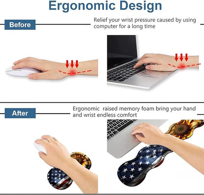 Ergonomic Keyboard Wrist Rest & Mouse Pad Wrist Rest Set, Large XXL Gaming Desk Mat 31.5"x 11.8" with Memory Foam, Easy Typing Pain Relief for Office & Home, American Flag Sunflower