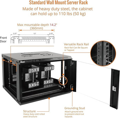 Tecmojo 6U Wall Mount Server Cabinet IT Network Rack Enclosure Lockable Door and Side Panels Black, Cooling Fan, Standard Glass Door, 450mm Depth, for 19” IT Equipment, A/V Devices