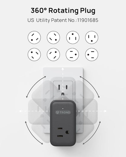 TROND Multi Plug Outlet Extender, 3 AC Outlet Adapter with 360 Rotating Plug, Black Power Splitter with PD 20W USB C Charger, A Compact Solution to Home Dorm Room Travel Cruise Essentials