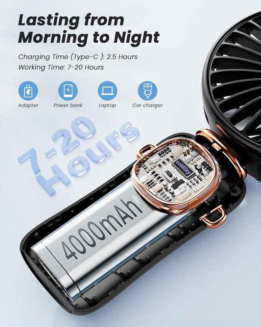 coldSky Portable Handheld Fan, 4000mAh Battery Operated 3 in 1 Multifunction Personal Travel Fans with Digital Display, 90° Foldable Desk Fan with Base, 5 Speed Lash Fan for Makeup/Office (Black)
