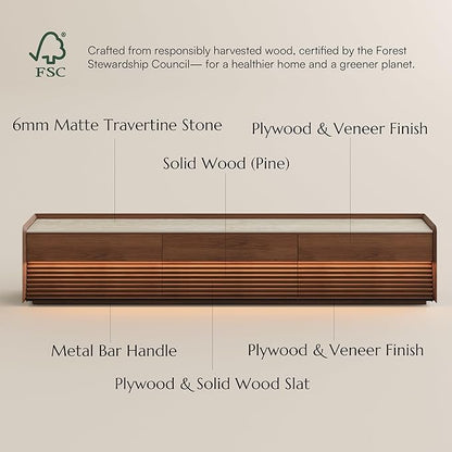 POVISON Fully-Assembled Mid Century Matte Sintered Stone TV Stand, 94.49" Wood Media Console with Adjustable LED Light, Entertainment Center with Storage for Living Room