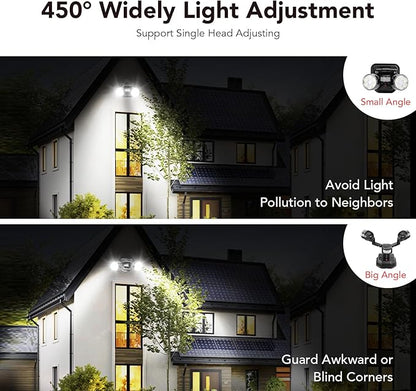 OREiN Motion Sensor Outdoor Security Lights, Dual-Head Adjustable LED Flood Lights, 3 Modes (Motion/Manual/Dusk to Dawn), 150W Equivalent, 5000K, IP65 Waterproof, Hardwired, Black (2 Pack)