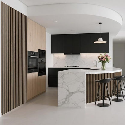 Art3d 1-Pack Acoustic Wood Slat Wall Panel with Roll-Flat Design - 95.3 x 23.8 Inch Sound Absorbing Panels for Living Room Columns Corridor Curved Wall Decor, Ebony