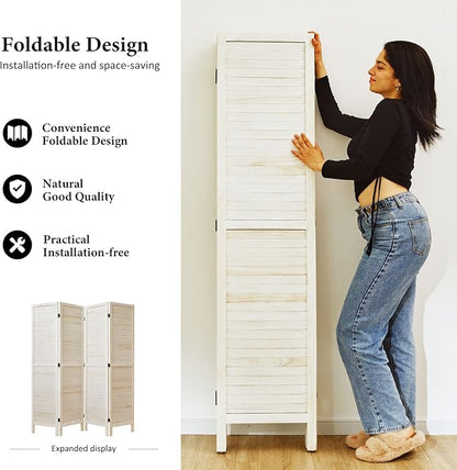 Room Dividers and Folding Privacy Screens, Wood Louvered Separators Divider Wall for Home Office Bedroom - 4 Panels, 67 * 60inch (White-Washed)
