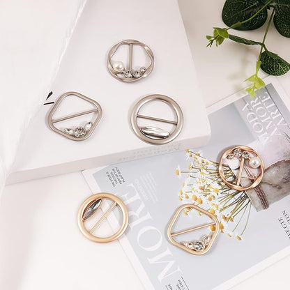 T-Shirt Clips 9 PCS, Clothes Corner Knotted Button, Fashion Alloy Pearl Rhinestone Circle Clip Buckle Round Shirt Silk Scarf