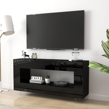 Vavkorkula High Gloss TV Stand for 65 Inch with 2 Large Drawers & Hidden Storage Cabinets, Modern Entertainment Center Television Stands for Living Room Bedroom, Black