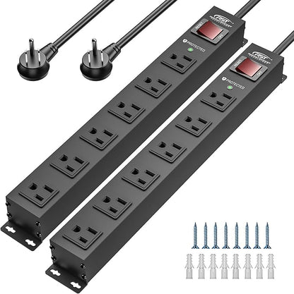 CRST 2Pack 6 Outlet Heavy Duty Power Strip with Switch, 15A/1875W Metal Mountable Power Strip Surge Protector 2100Joules, Wide Spaced Power Bar for Garage Workshop Home School, 6 FT Cord(Black)