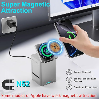 25W 3 in 1 Charging Station for Apple Devices,Auto Open/Close Mag-Safe Wireless Charging Stand Cube,Travel Wireless Charger Dock for iPhone 16/15/14Series & Apple Watch & AirPods (Metal Gray)