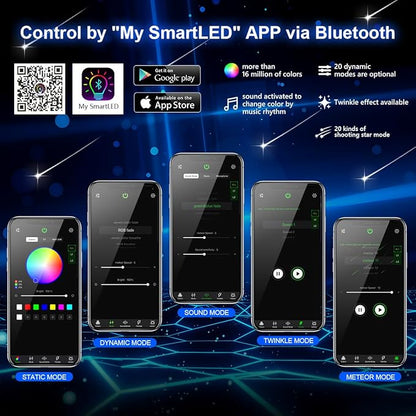 AMKI16W Bluetooth Twinkle Fiber Optic Star Ceiling Lights Lamp Kit, LED RGBW Engine Driver APP/Remote Control (430pcs(0.03in+0.04in+0.06in)9.8ft+Meteor)