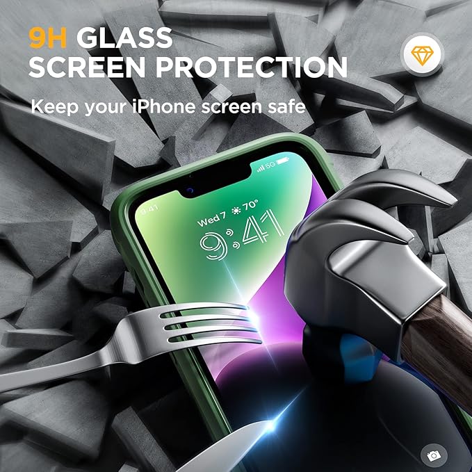 Miracase Glass Series Designed for iPhone 14 Plus Case 6.7 inch, 2023 Upgrade Full-Body Clear Bumper Case with Built-in 9H Tempered Glass Screen Protector and Camera Lens Protector,Green