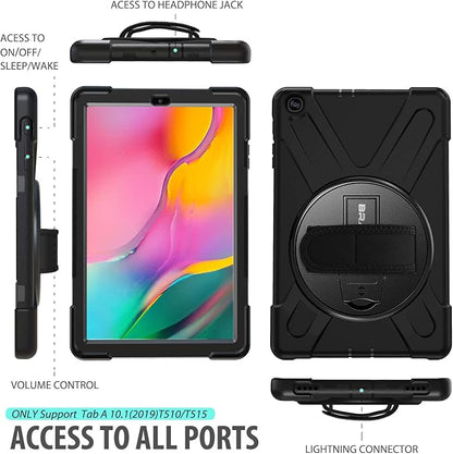 BRAECN for Galaxy Tab A 10.1 2019 Case, Heavy Duty Shockproof Rugged Case with 360 Degree Rotating Hand Strap/Stand and Shoulder Strap for Samsung Tab A 10.1 SM-T510/T515 2019 (Black)