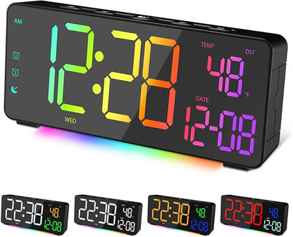 EVILTO Digital Alarm Clocks for Bedrooms, RGB Desk Clock with 15 Color Display, Date Temperature and Weekday, DST, Snooze, 2 Alarms, Ambient Lighting for Living Room, Bedside Office Gaming Desk Decor