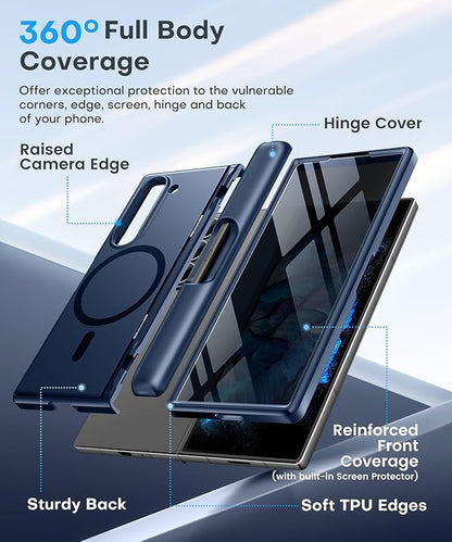BERFY Magnetic for Samsung Galaxy Z Fold 6 Case with Privacy Screen Protector, [Compatible with MagSafe][Anti Spy]Built-in S Pen Holder & Kickstand, Full-Body Shockproof Phone Case for Z Fold 6, Blue