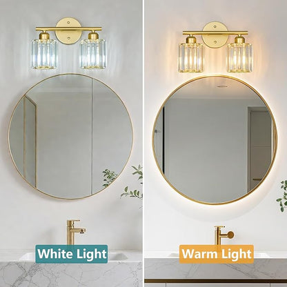 FDPBY Modern 2 Light Crystal Vanity Light, Gold Vertical Bathroom Light Fixture Over Mirror for Dressing Table Sink, Compatible with Dimmable Bulbs (Bulbs Not Included)