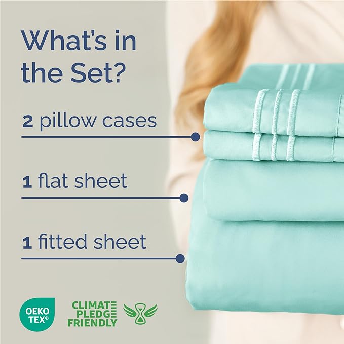 Full Size 4 Piece Sheet Set - Comfy Breathable & Cooling Bed Sheets Set - Hotel Luxury Bedding for Women, Men, Kids, Teens, Boys & Girls - Deep Pockets, Ultra-Soft, Wrinkle Free - Oeko-Tex - Spa Blue