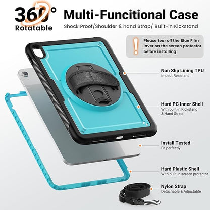 SCSVPN Case for iPad (A16) 11th Generation 11 Inch 2025 / 10th Generation 10.9 Inch 2022, Shockproof Protective Case with Screen Protector, Pen Holder, Rotating Stand, Hand/Shoulder Strap - Sky Blue