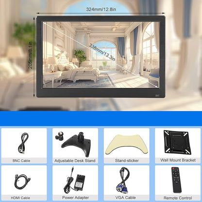 Suprlipy 13.3 inch FHD Small IPS Monitor LCD Display Screen 1920x1080 60Hz 16:9 with BNC VGA AV Input Built-in Lounspeakers for CCTV Security Camera DVR PC RasPi