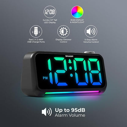 Sharp LED Digital Clock for Bedroom, Super Loud Alarm Clock for Heavy Sleepers for Bedside, Nightstand, Desk Clock with RGB Night Light/Display with Adjustable Color/Volume/Brightness/Snooze