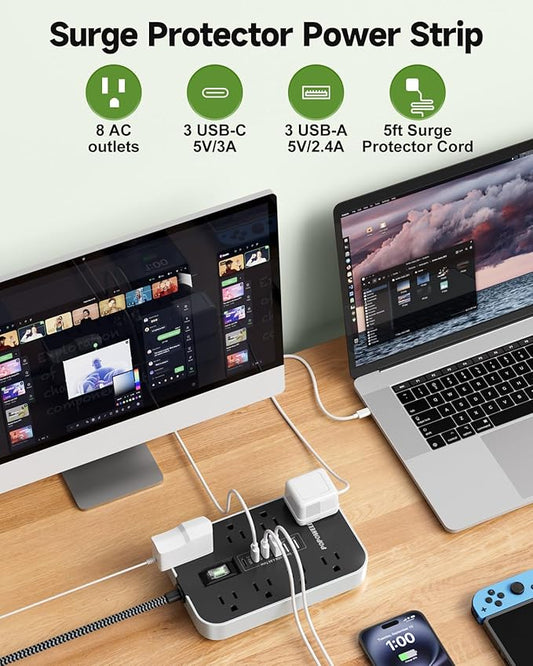 Power Strip Surge Protector- 5FT Flat Plug Extension Cord, 8 AC Outlet& 6 USB Ports(3 USB C), 1080 J Surge Protection, Desk Charging Station, Overload Switch, Home, Office, Gaming Room Essentials.