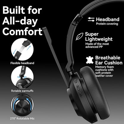 Wireless Headset with Mic for Work, Bluetooth Wireless Headphones with Microphone Noise Cancelling, Mute & USB Dongle for PC Computer Laptop Cell Phones Remote Work Home Office Call Center Zoom Skype