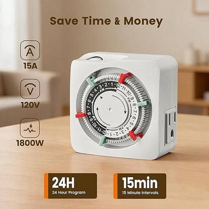 SURAIELEC Mechanical Timer with 2 Grounded Outlets, Indoor Electrical Plug in Timer with Trippers, 24-Hour Programmable and 3 Prong Outlets for Christmas Decorations, Plant Lights, Fan, 15A, White