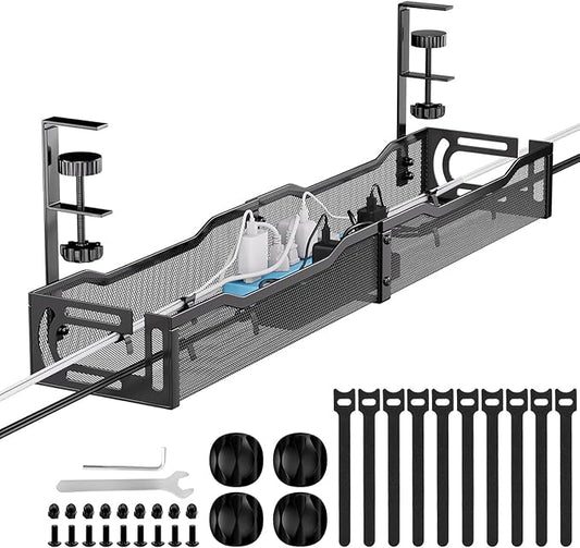 Mzmaxy Cable Management, 25'' Cable Management Under Desk No Drill, Metal Cord Organizer with Clamp for Standing Desk, Cable Organizer for Home Office, Black