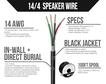 Voltive 14/4 Speaker Wire, in-Wall CL3 & Direct Burial, Black, 100ft - 14AWG, 4 Conductors, Stranded Oxygen-Free Copper, UL Listed - V-1209-1