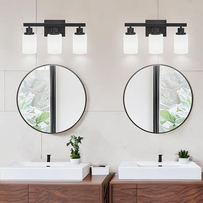 DIKAIDA 3-Light Bathroom Light Fixtures Over Mirror, Modern Matte Black Vanity Lights with White Frosted Glass Shade, Bathroom Wall Lamp Sconces for Mirror Bedroom, Living Room Hallway