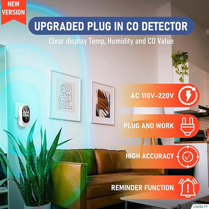 LSENLTY Carbon Monoxide Detectors Plug in, 3-in-1 CO Detector (Temp, Humidity and CO Gas), HD Color Screen Carbon Monoxide Detectors with Remind Function and Selftest Function for Hotel RV, 2 Pack