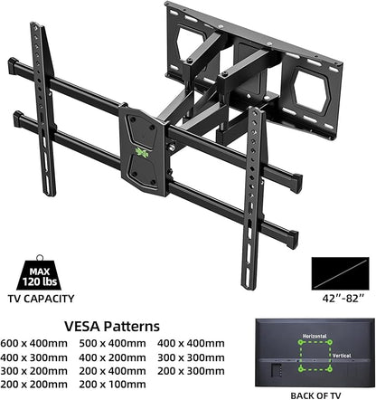 USX MOUNT Full Motion TV Wall Mount for 42-82 Inch TVs up to 120lbs, Wall Mount TV Bracket with Articulating Swivel Tilt Extension Leveling, Max VESA 600x400mm Fits 12/16" Wood Stud