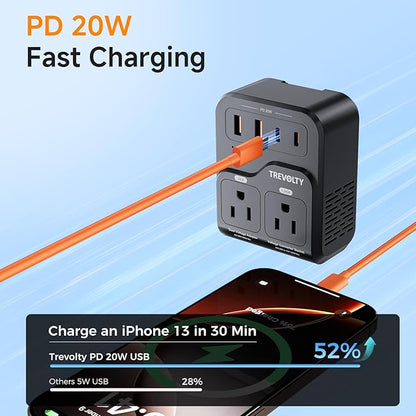 TREVOLTY 2000W Voltage Converter US to Europe, 220V to 110V Converter for Hair Dryer, 7-in-1 European Travel Plug Adapter with 3AC/2USB-A/2USB-C (PD20W), Travel Essentials with US/JP/FR/DE/UK/AU/EU