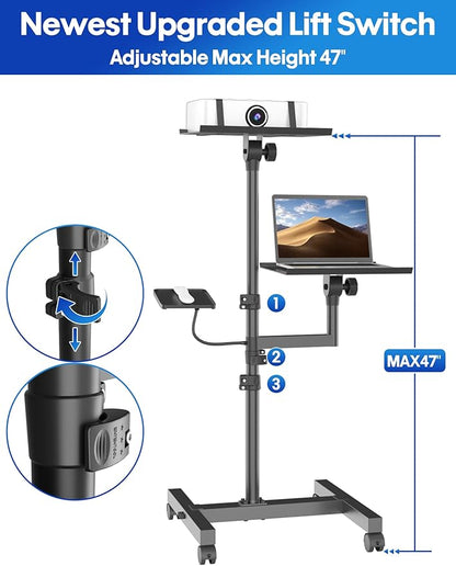 ORWOD Projector and Laptop Stand Tripod, 2 Shelves Mobile Laptop Tripod Stand, Max 47" Height Adjustable Laptop Cart on Wheels, Projector Floor Stand with Ventilated Tray for Podium, Meeting, Couch
