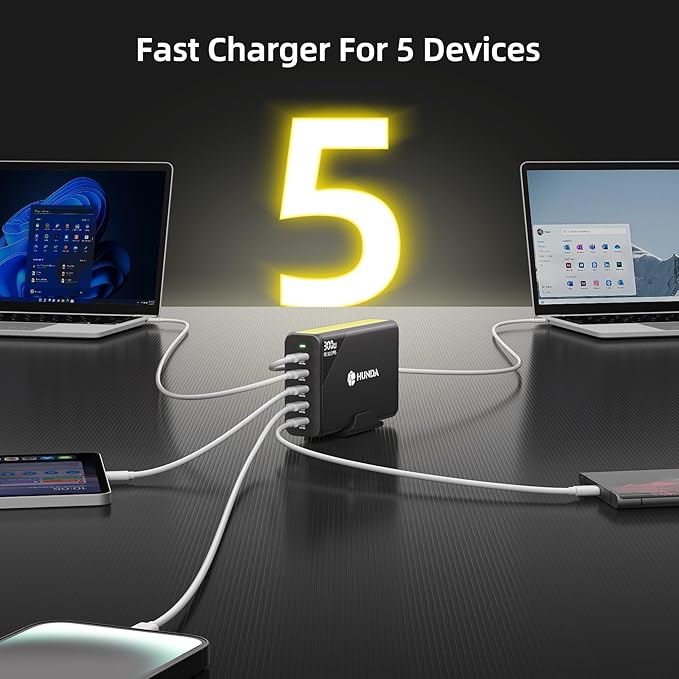 HUNDA 300W USB C Charger GaN Charging Station Desktop 5 Ports PD 100W Fast Power Adapter Support PD3.0 /PPS 45W /QC5 for MacBook Pro/Air, iPhone 15 Pro,Samsung,HP,Dell etc