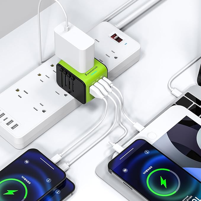 Travel Adapter Worldwide, Universal International Power Plug Adapter W/2.4A 2xUSB-A and 3.0A 2xType-C Wall Charger, European Travel Plug Adapter for Europe UK EU US CA AU Italy Asia-Green