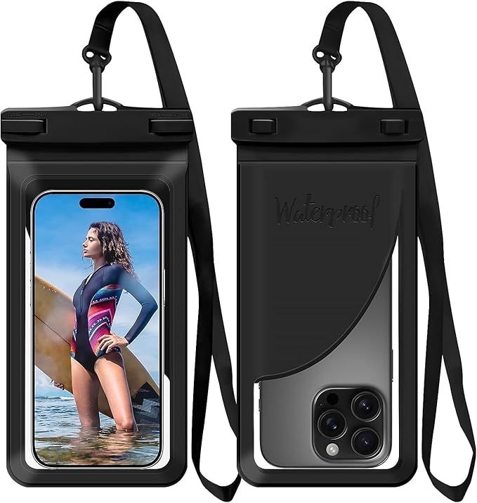Waterproof Phone Pouch, with Inside Card Bag, Large Waterproof Case for iPhone 16 15 14 13 Pro Max,IPX8 Certified Lightweigt Cellphone Dry Bag, Beach Cruise Ship Essentials, 1 Pack-Black-8.3″