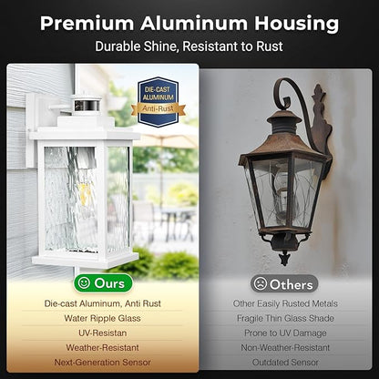 VIANIS Large Adjustable Sensitivity Motion Sensor Exterior Porch Lights, 2 Pack White Dusk to Dawn Outdoor Lighting, Anti-Rust Waterproof Front Porch Light for Garage, Front Door