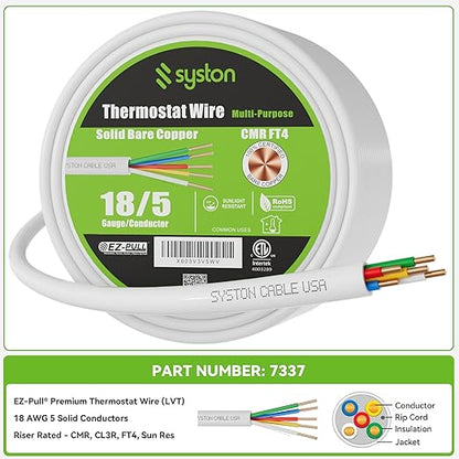 Syston 18/5 Thermostat Doorbell HVAC Heating Control Cable Wire, 18 AWG 5 Conductors 100% Solid Copper Conductors CL3R/FT4/CMR Riser-Rated, UV Resistant RoHS for Low Voltage Applications Use