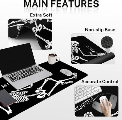 Britimes Black Skull Skeleton Keyboard Mouse Pad Set 4in1 Large Mousepad+Keyboard Wrist Rest+Mouse Wrist Rest+Coaster Set with Ergonomic Design for Home Office Computer 35.4x15.7 inches