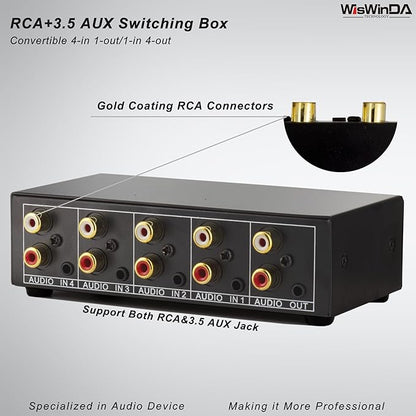 4-in 1-Out RCA 3.5mm AuxAudio Switch Box Audio Converter 4 Channels 1-in 4-Out Passive Audio Selector Switcher Box Connectors (RCA+AUX 4IN-1OUT/1IN-4OUT)