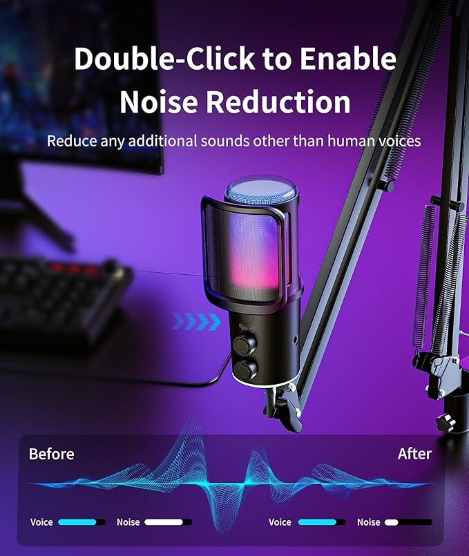 Gaming USB Microphone Kit with Boom Arm - RGB Condenser Mic with Noise Cancellation, Mute Button Reverb Adjustment, Monitoring for Streaming, Podcasting, Discord, YouTube