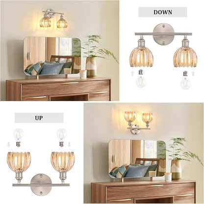 Shenmoyl Bathroom Light Fixtures, 2-Light Vanity Wall Light Over Mirror with Amber Tulip Glass Shade for Bedroom Living Room (Bulb Not Included), Satin Nickel