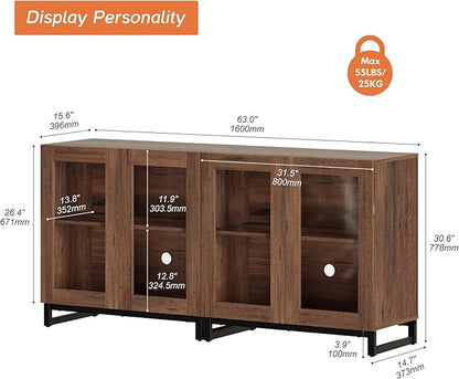 WAMPAT 63 Inch TV Stand with Glass Doors for 32-70 inch TVs, Modern Entertainment Center TV Console with Adjustable Shelves for Living Room, Bedroom, Brown