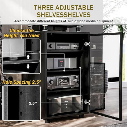Grufle Media Storage Cabinet with Tempered Glass Door, 3 Adjustable Shelves Stereo Cabinet with Cable Management, AV Rack for Living Room/Gaming Setup/Home Studio Audio Rack (Black)