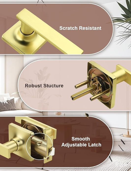 Mengico 8 Pack Passage Door Levers Gold Finish, No-Locking Keyless Square Door Knob, Interior Door Handles for Closet and Hallway, Reversible for Left & Right Handed